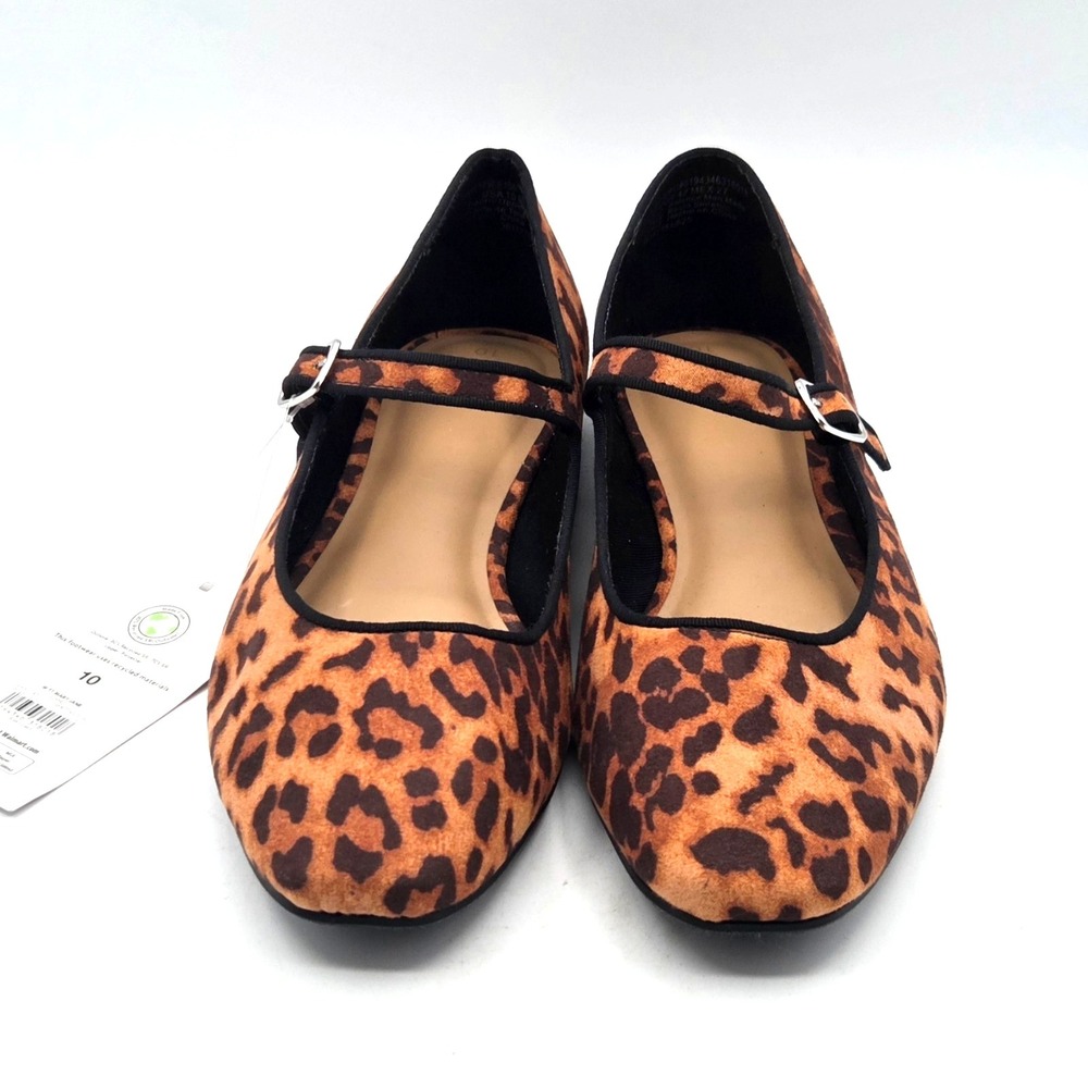 NWT Time & Tru Leopard Textile Mary Jane Ballet Flats Skimmers Shoes Sz 10 NEW